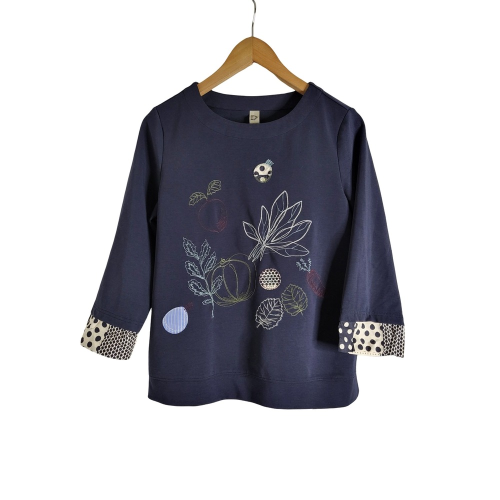 Double Tree Navy Polka Dot Embroidered 3/4 Sleeve Top Large Mixed Media Boho